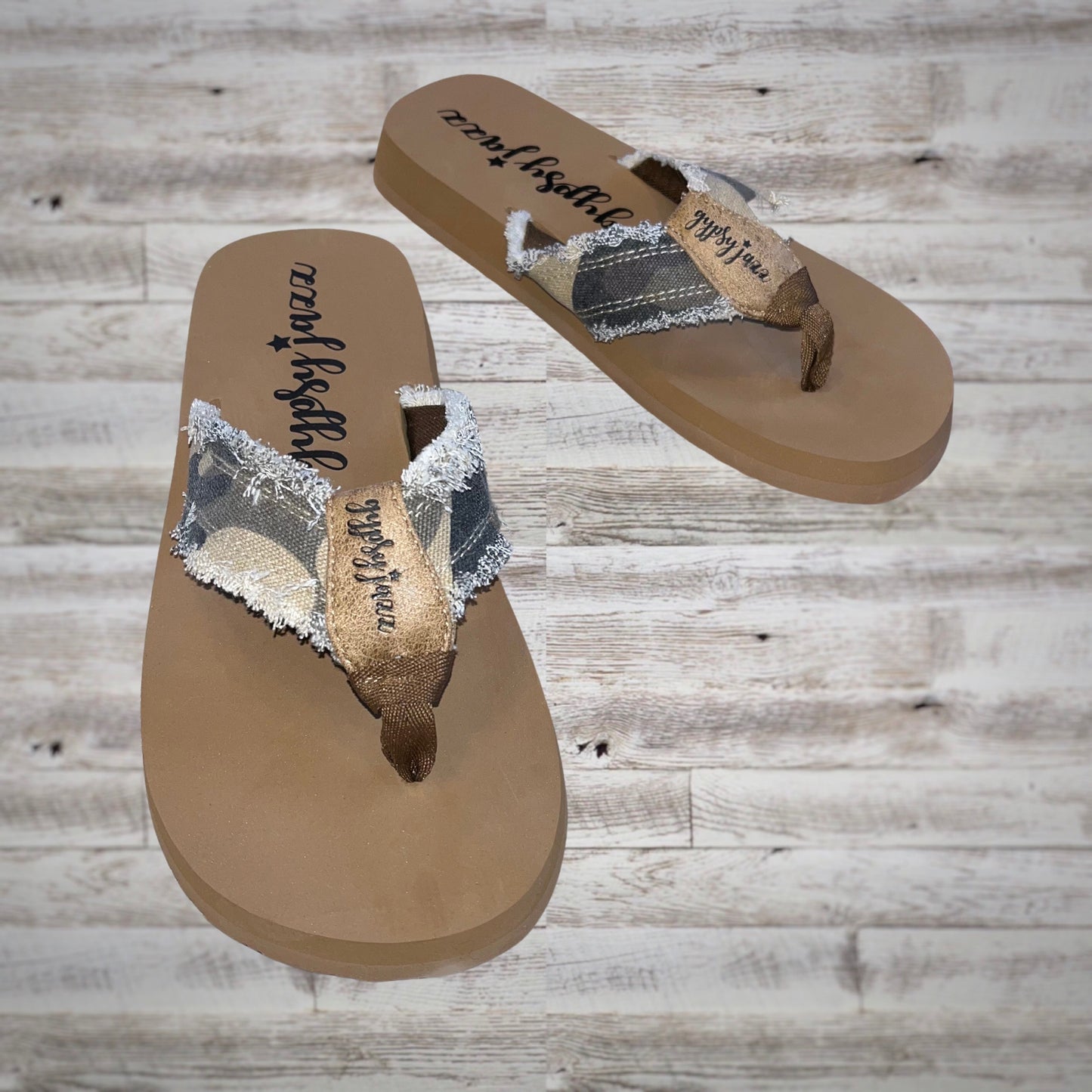 Gypsy Jazz Fringe Flatform Flip Flop Sandals in Camo