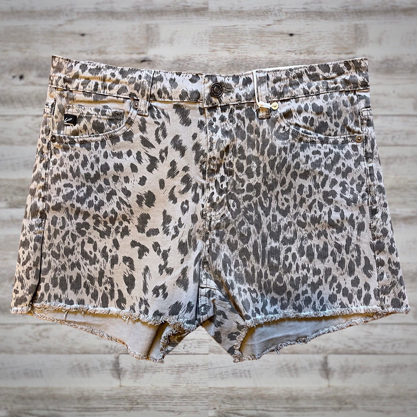 Kancan Leopard Print High Rise Denim Shorts