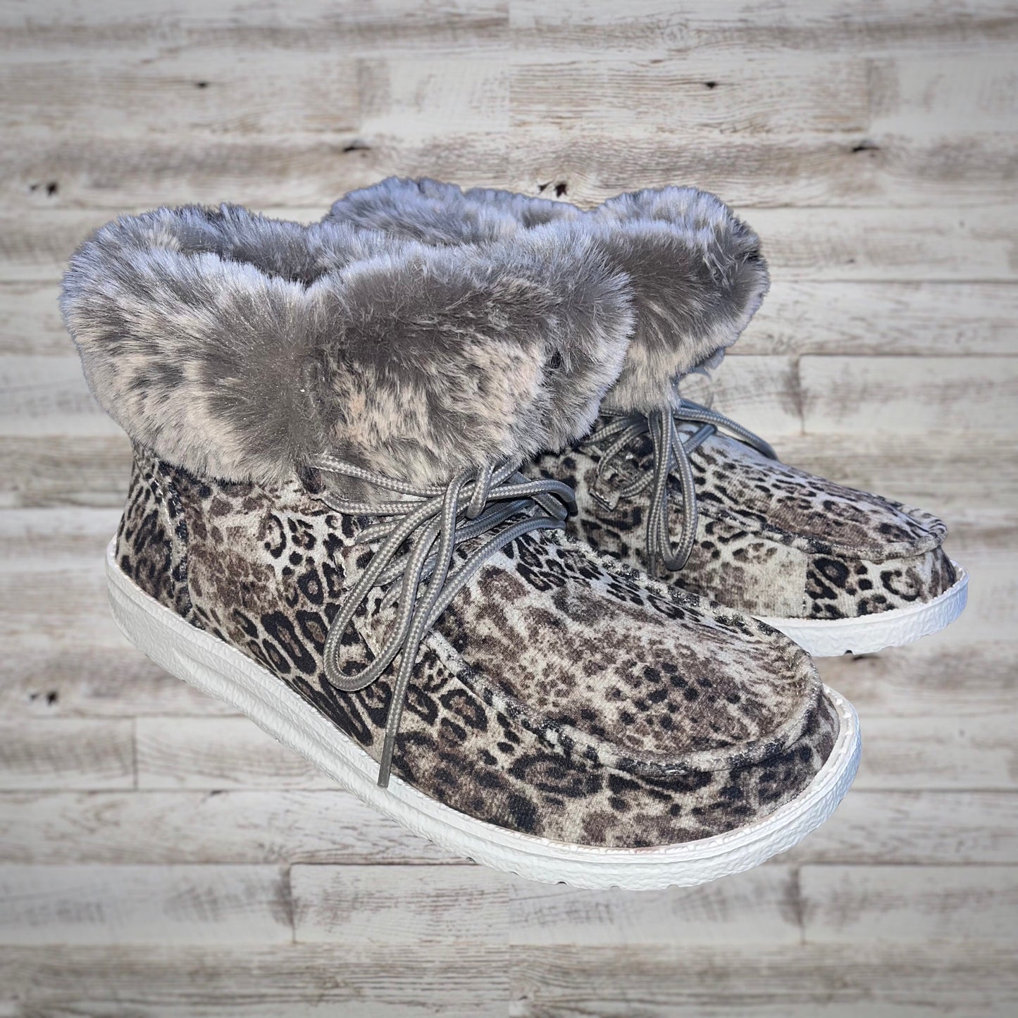Gypsy Jazz Fur Lined Lace Up Booties in Snow Leopard