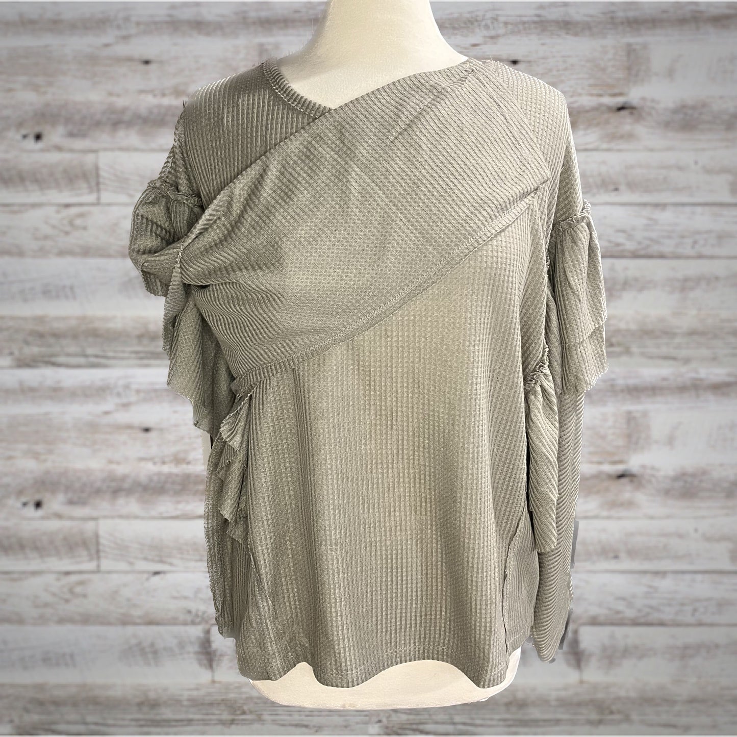 Ruffled Waffle Knit Long Sleeve Top in Sage