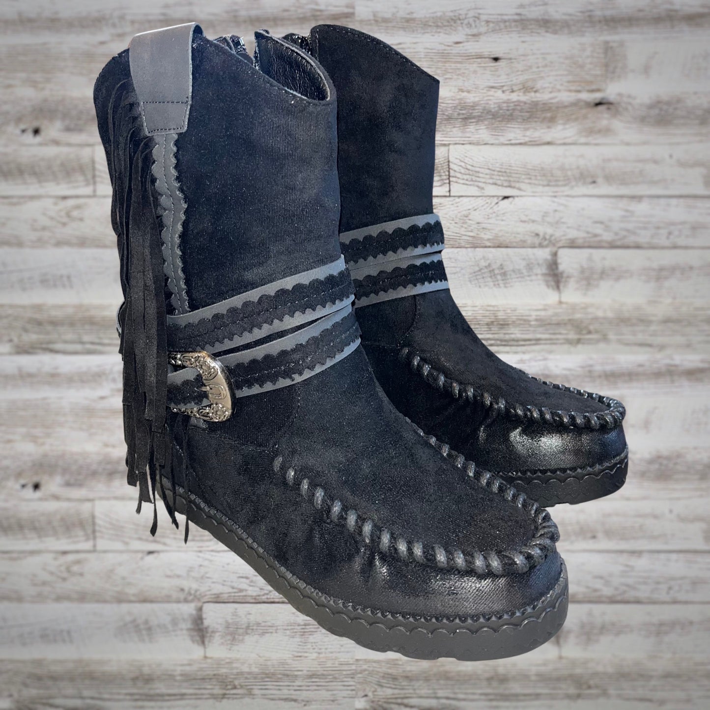 Very G Western Fringe Moc Toe Wedge Booties in Black Suede