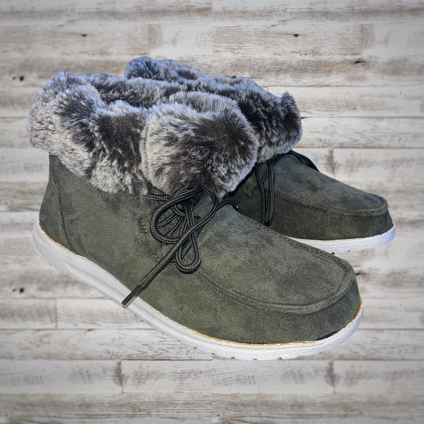 Gypsy Jazz Fur Lined Lace Up Booties in Solid Olive