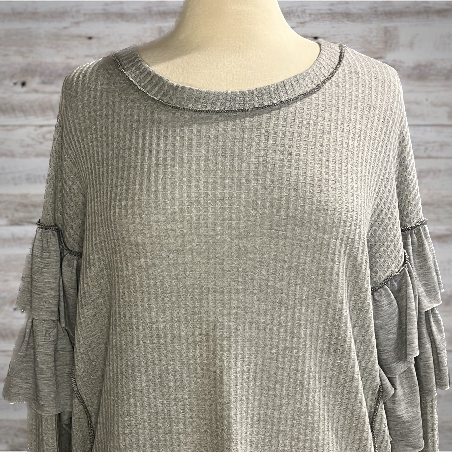 PLUS Ruffled Waffle Knit Long Sleeve Top in Ash