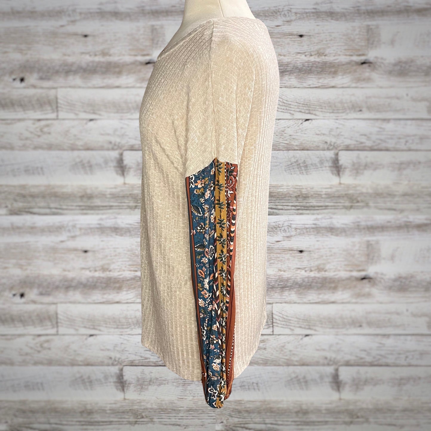 Boho Floral Balloon Sleeve Ribbed Knit Top