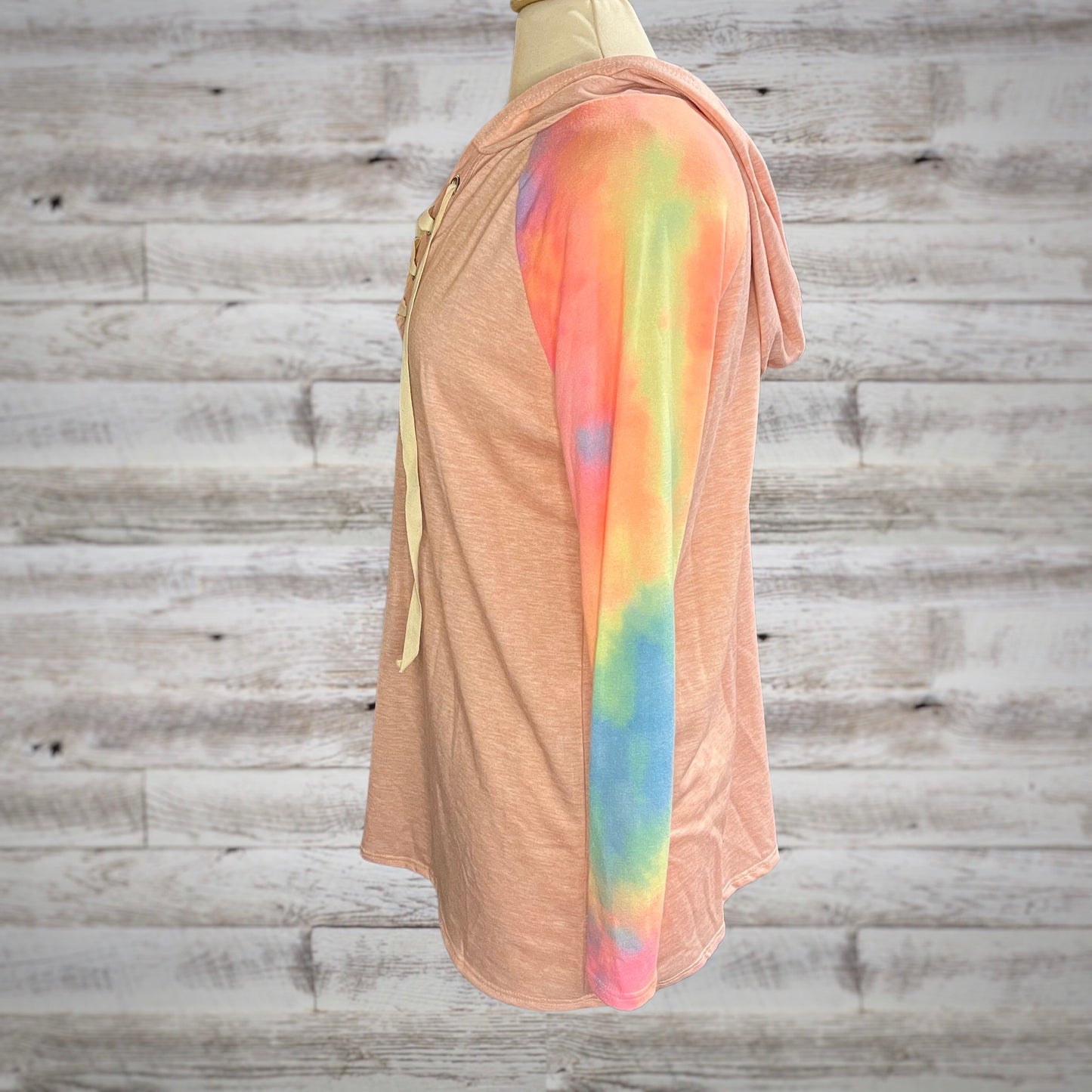 Soft Knit Tie-Dye Lace Up Hoodie in Pink