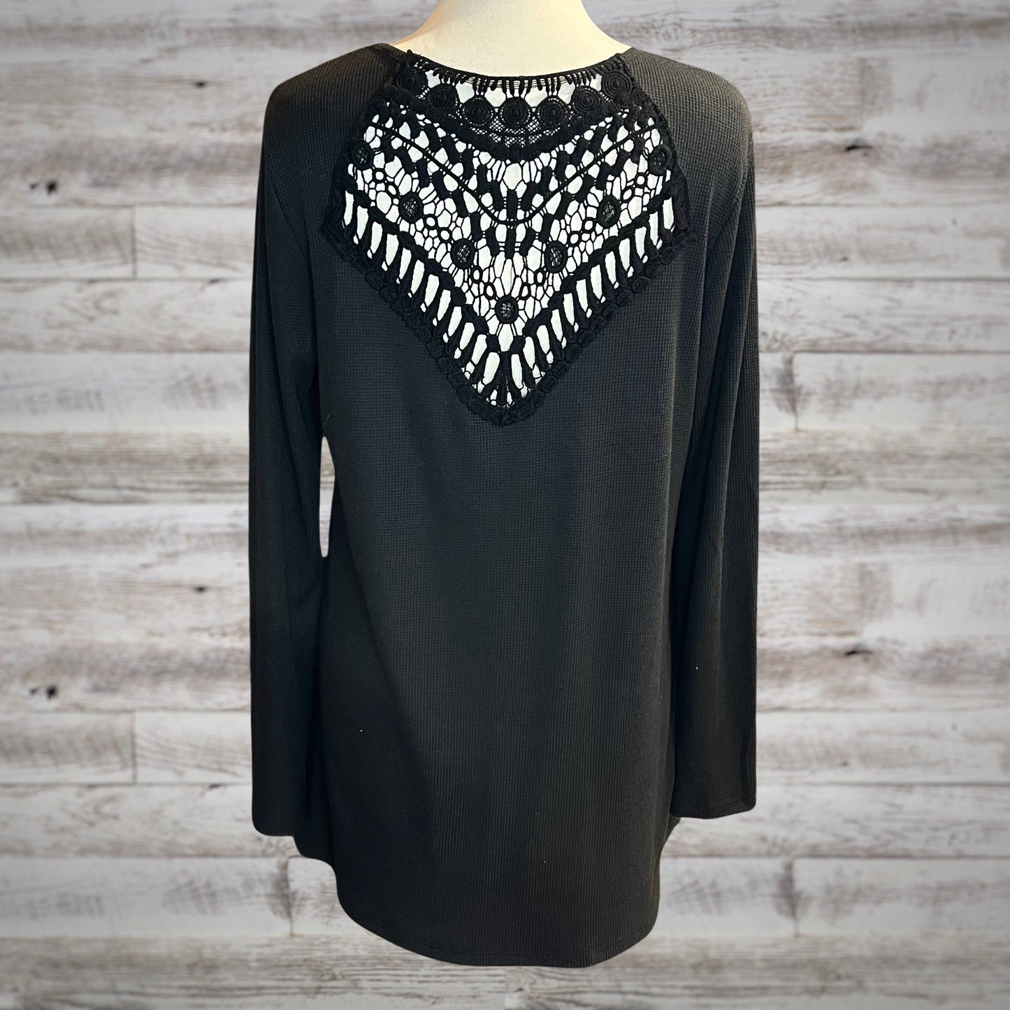 PLUS Crochet Back Long Sleeve Black Henley Top