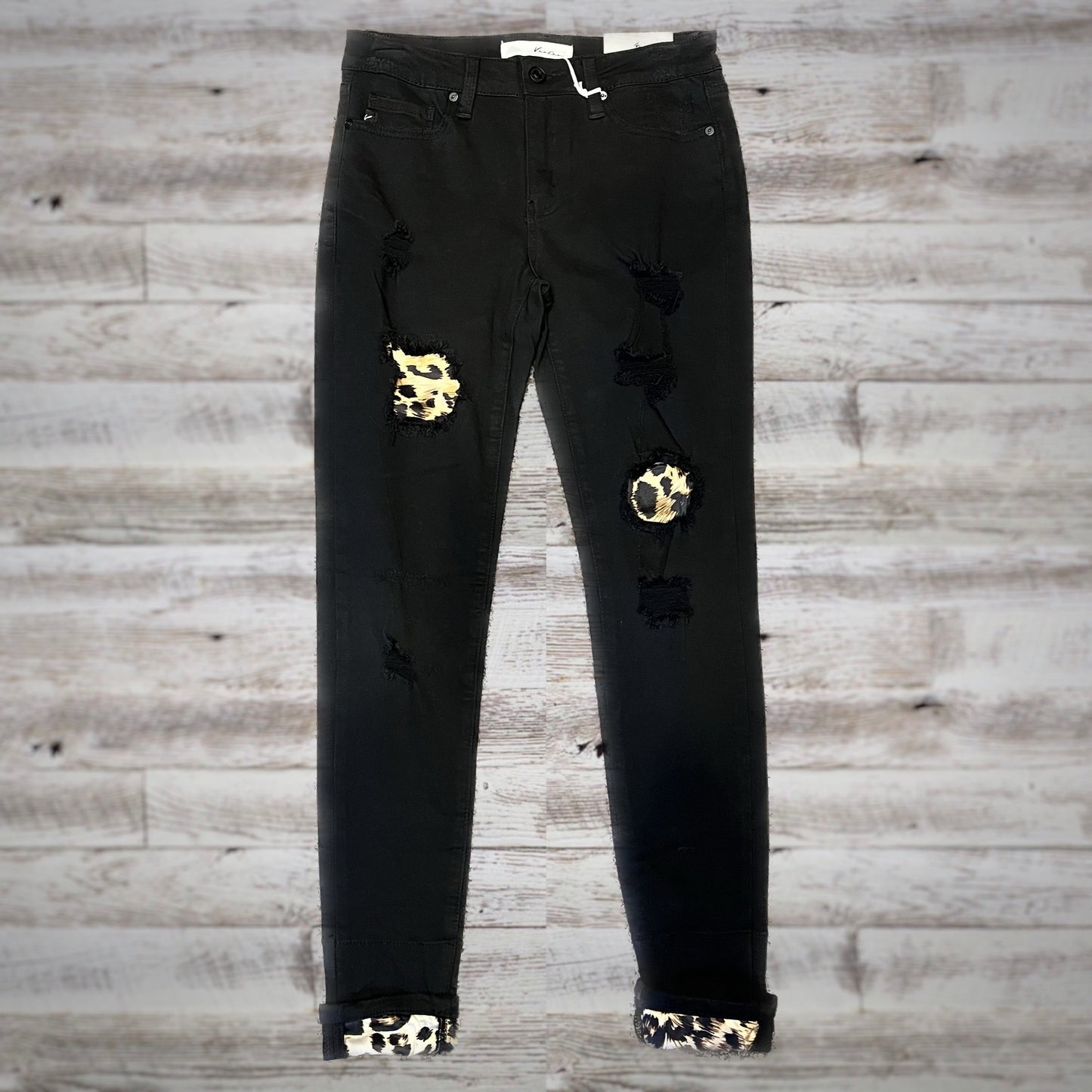 Kancan Leopard Patch Skinny Jeans in Black/Tan