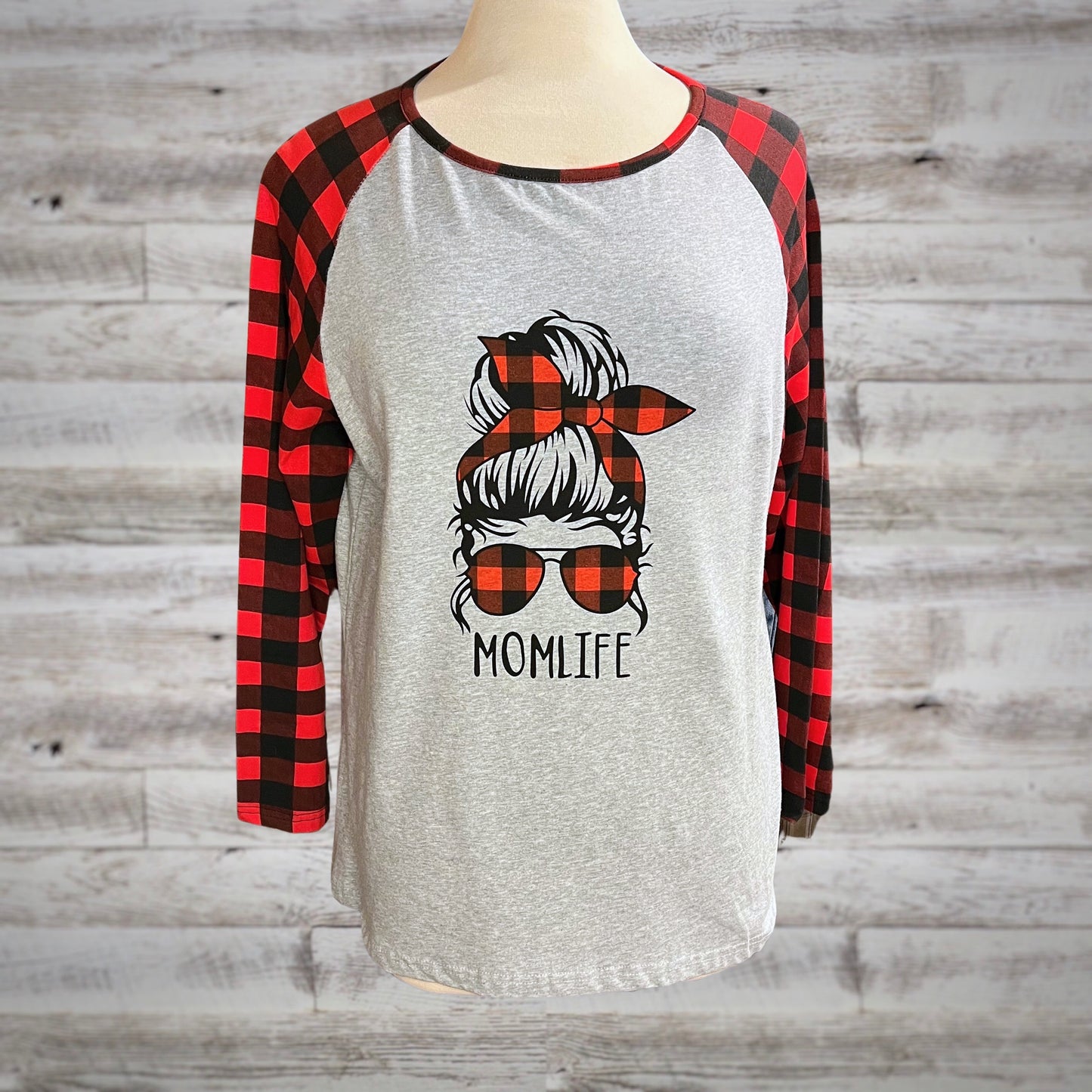#MomLife Buffalo Plaid Stretchy Baseball Tee