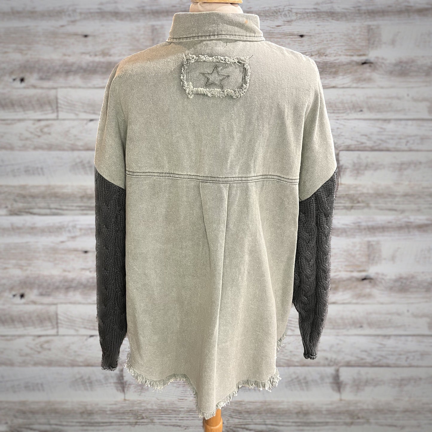 POL Cable Knit Sleeve Denim Jacket in Sage