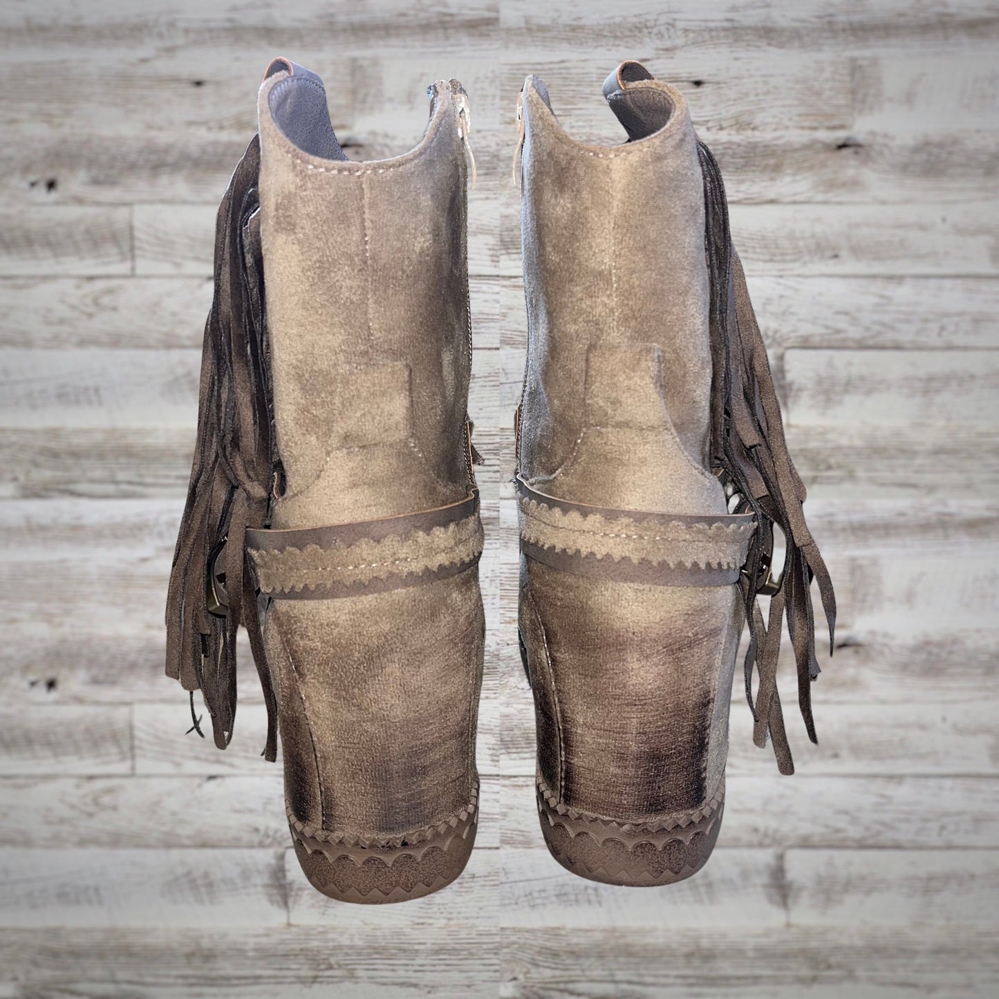 Very G Western Fringe Moc Toe Wedge Booties in Taupe Suede