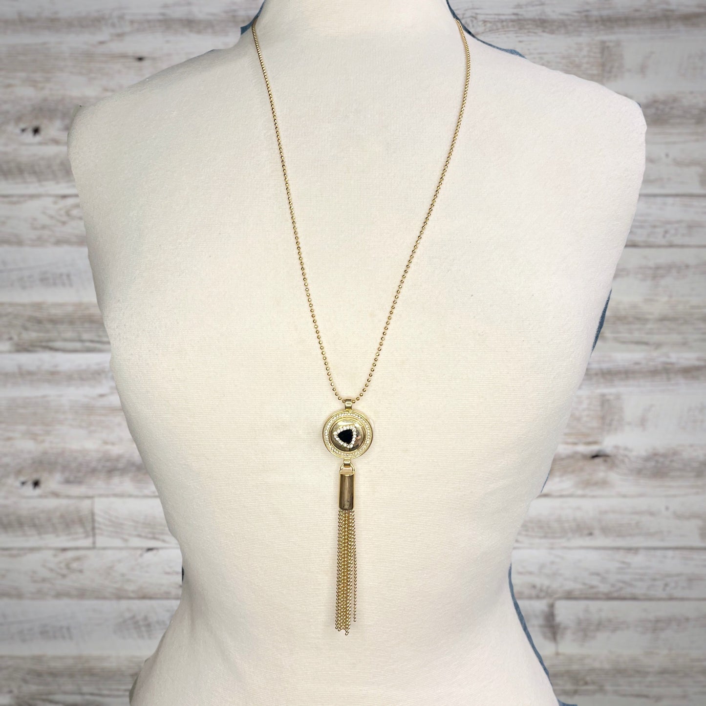 Blingy Rhinestone and Tassel Long Necklace in Gold Tone