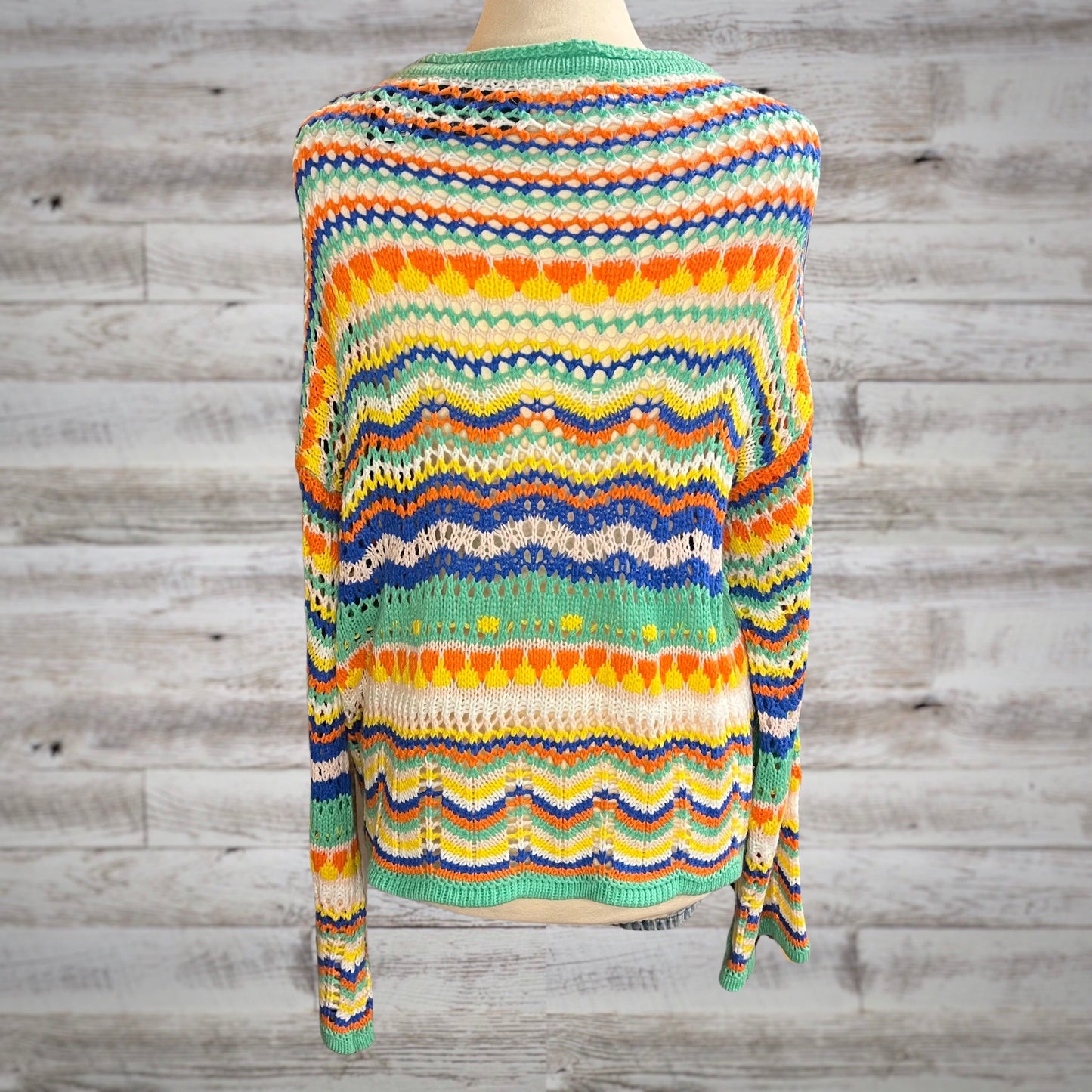 Free Spirit Colorful Crochet Knit Pullover with Bell Sleeves