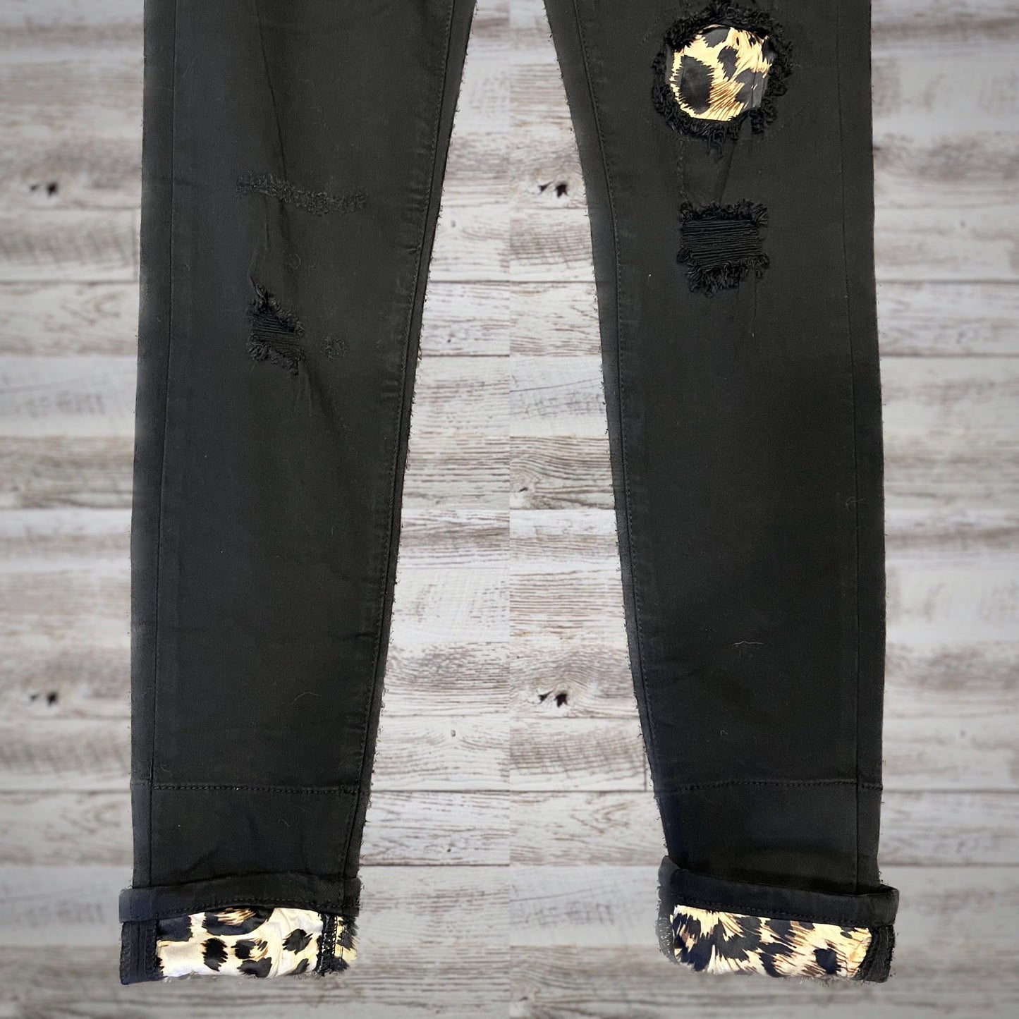 Kancan Leopard Patch Skinny Jeans in Black/Tan