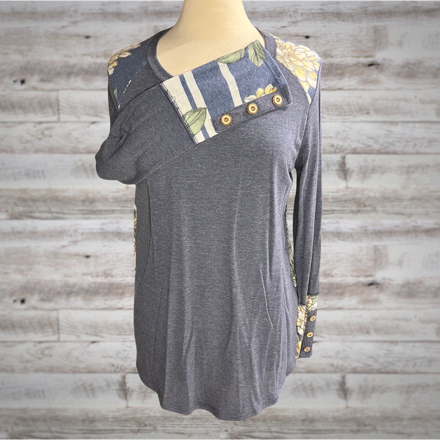 Dusty Blue Floral Back Button Cuff Long Sleeve Tee