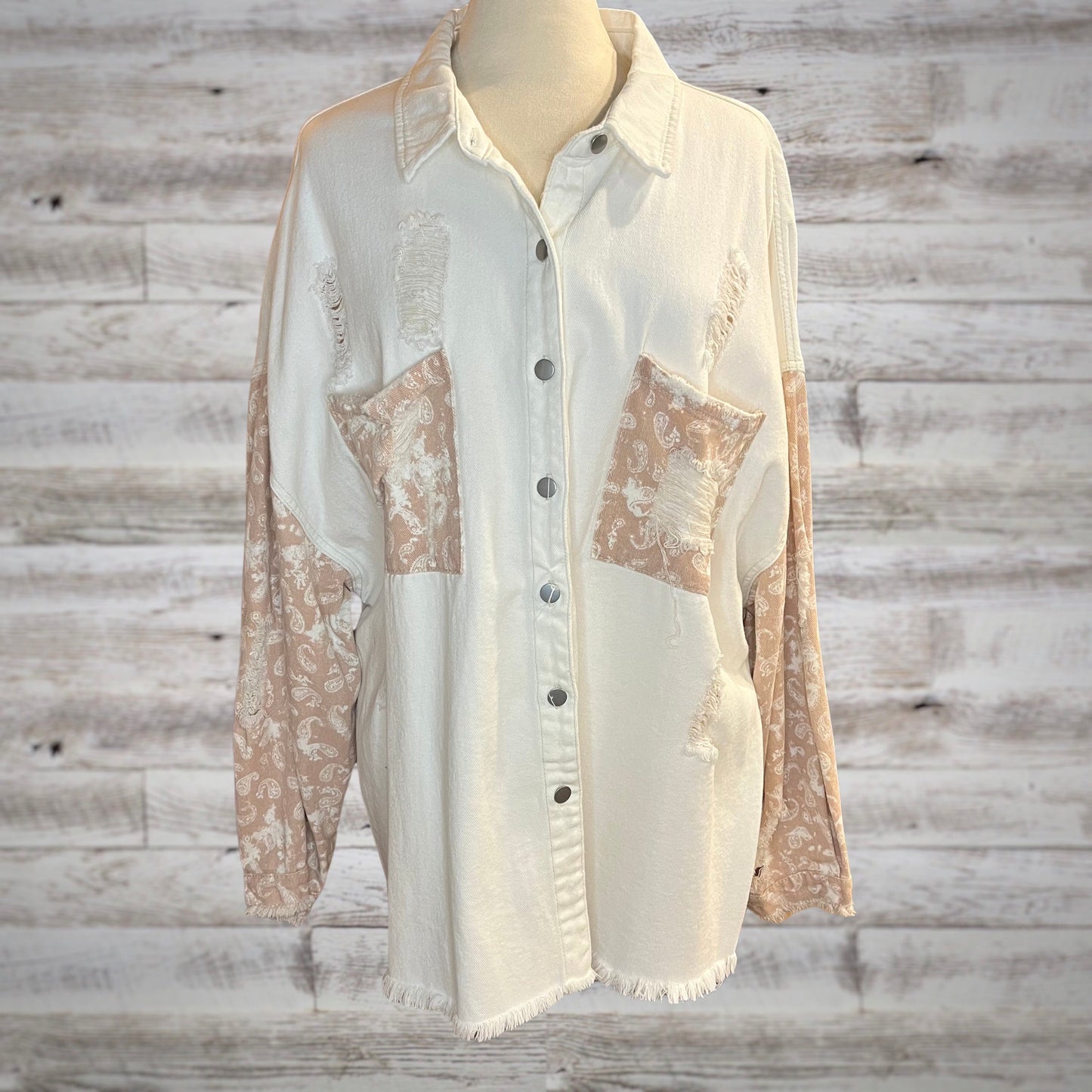 PLUS POL Country Roads Bandana Print Distressed Jean Jacket