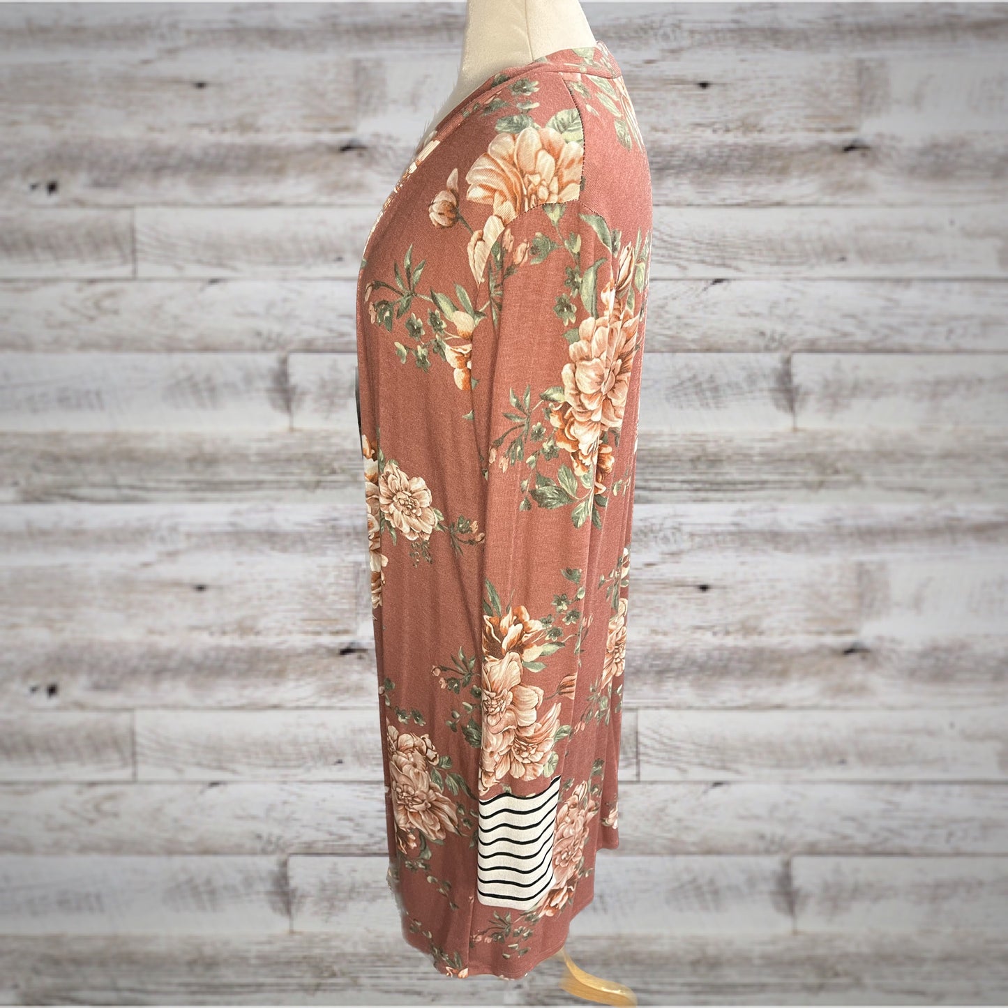 Blush Vintage Floral Duster Cardigan with Striped Cuffs