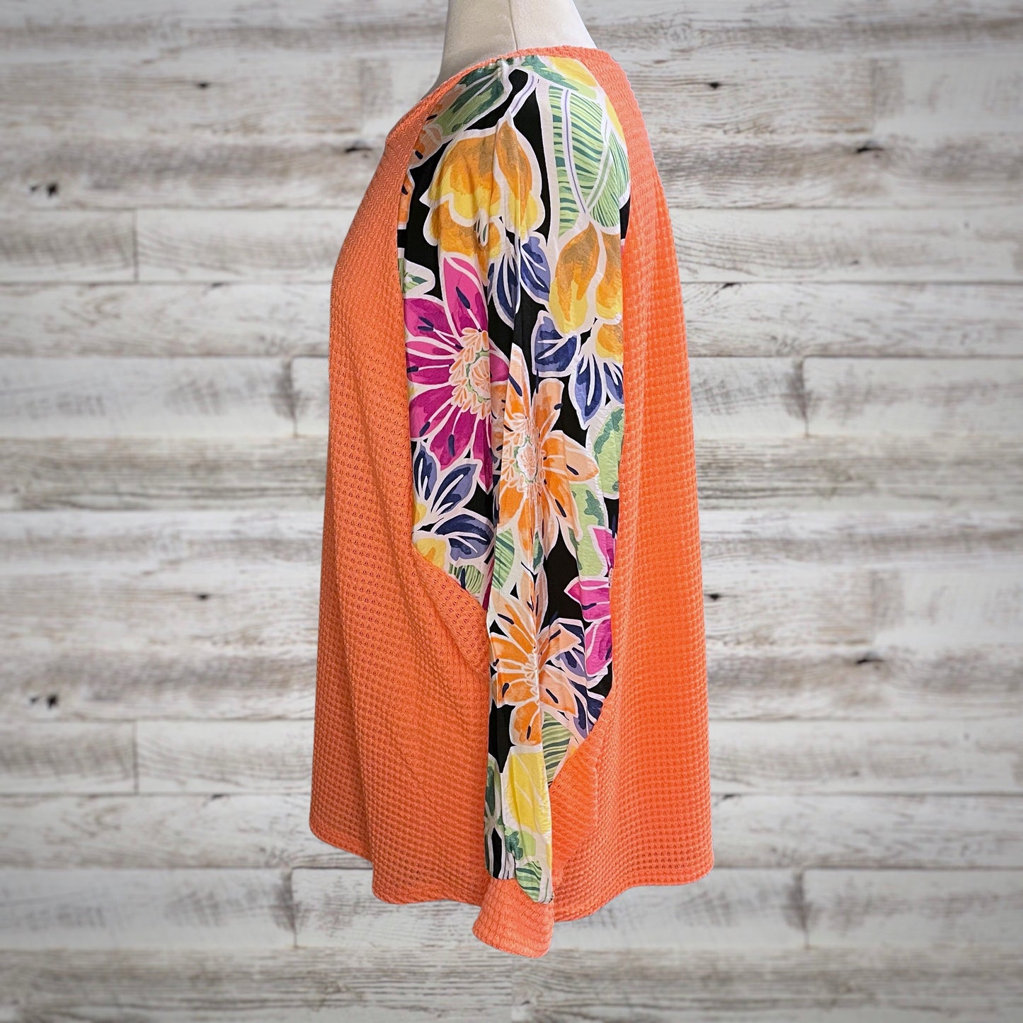 Summer Floral Waffle Knit Dolman Sleeve Top in Neon Coral