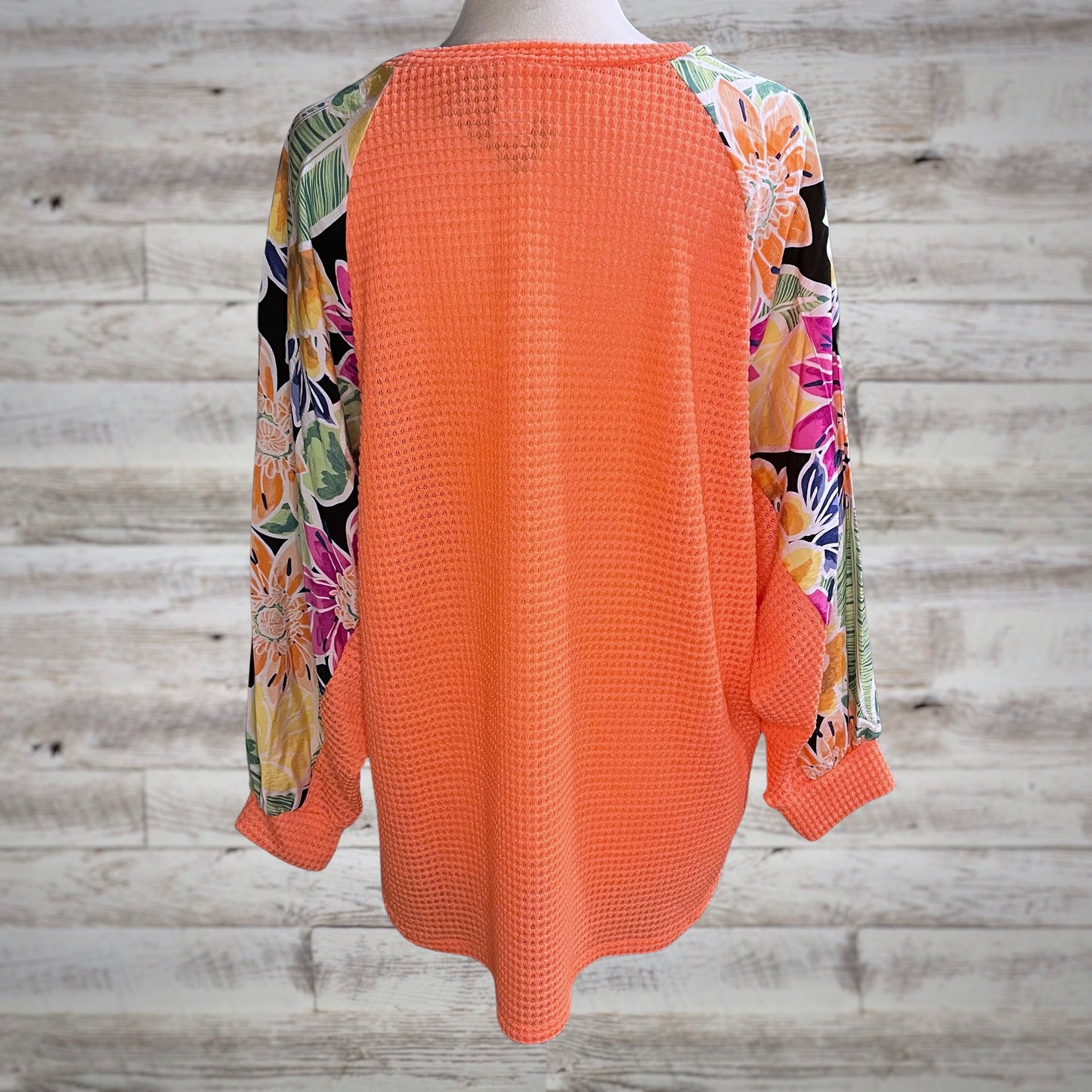 Summer Floral Waffle Knit Dolman Sleeve Top in Neon Coral