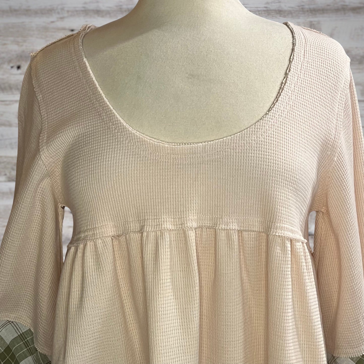 POL Sweet Waffle Knit Babydoll Tunic with Plaid Trim