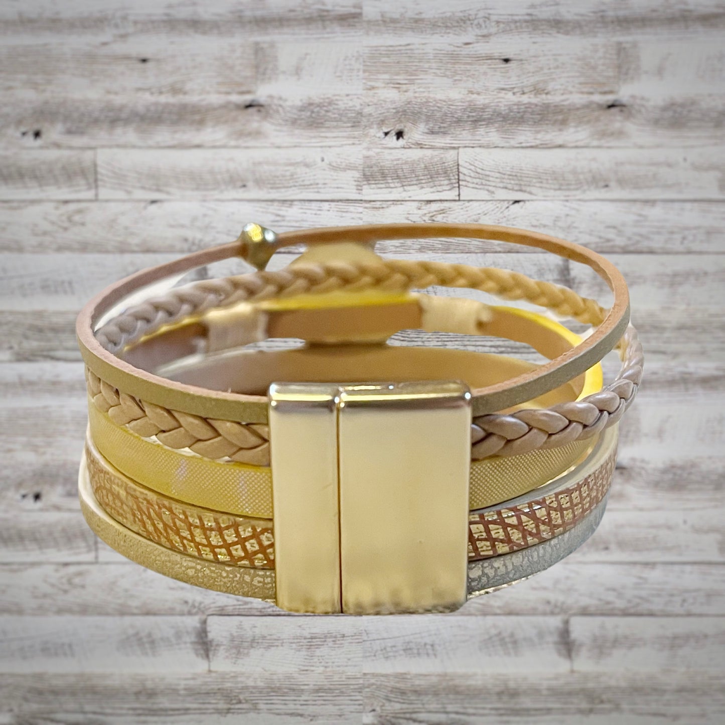 Druzy and Leather Natural Gold Wrap Bracelet with Magnetic Close