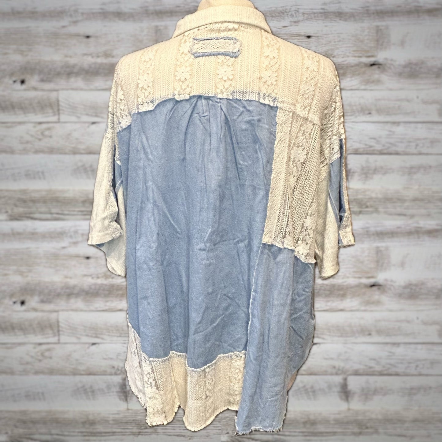POL Ivory Lace and Chambray Boxy Button Up Top