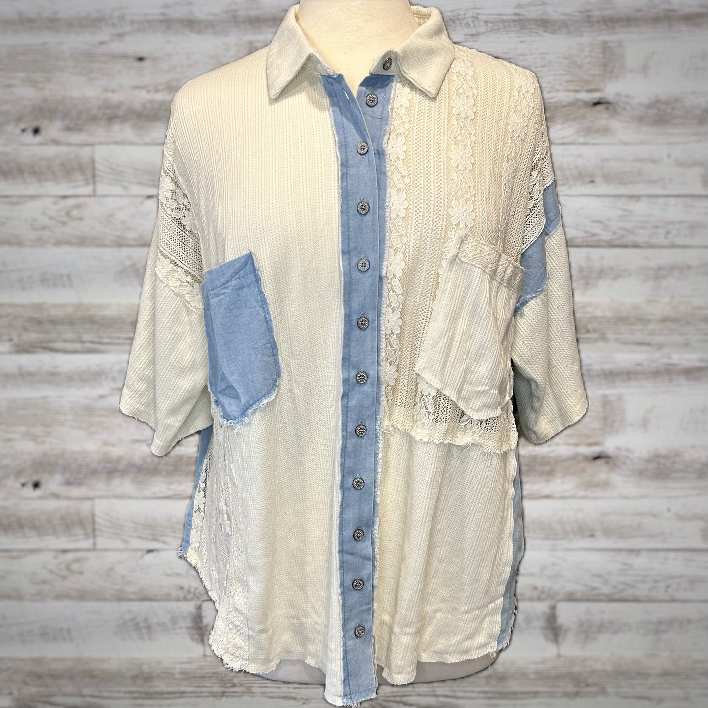 POL Ivory Lace and Chambray Boxy Button Up Top