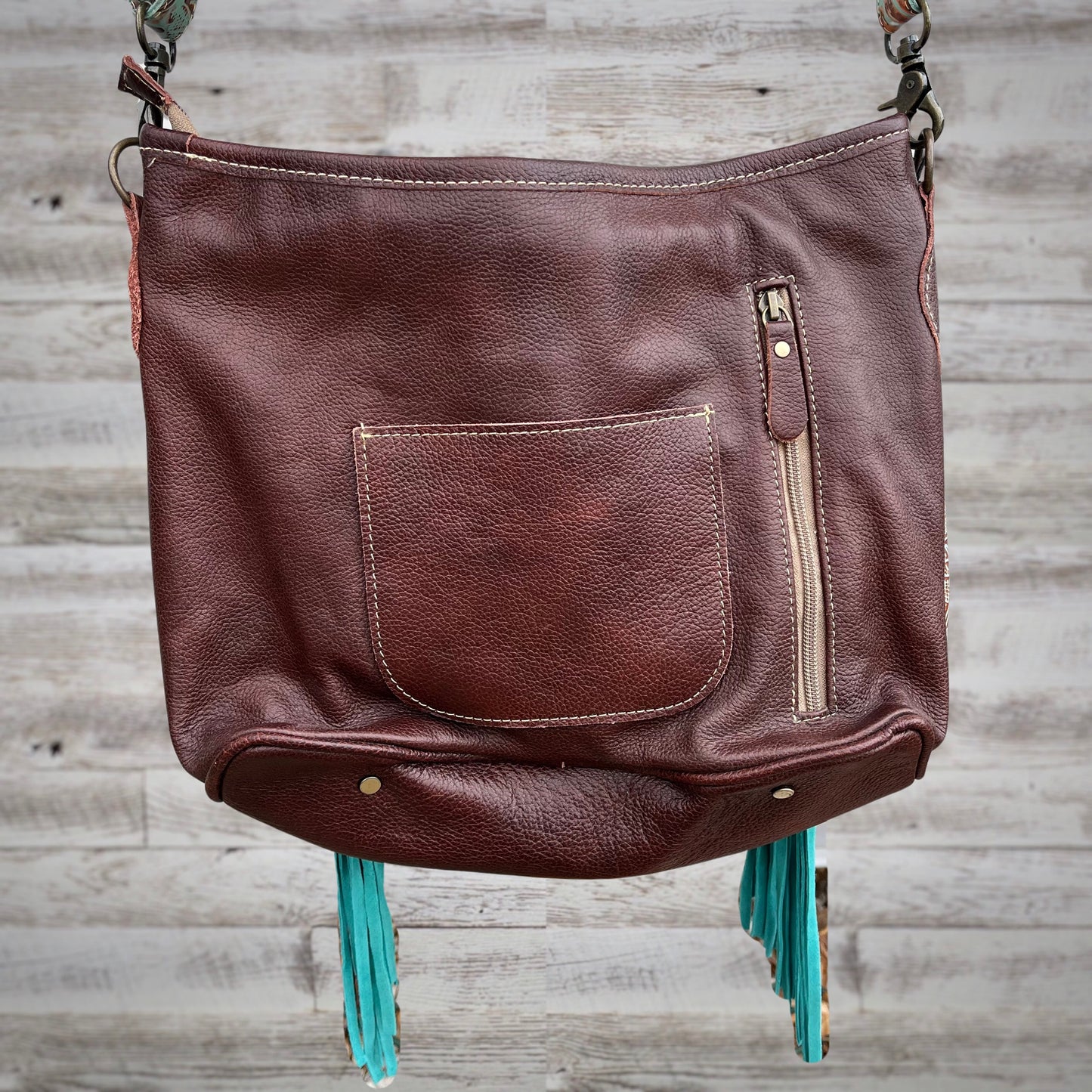 Myra Bag Luminous Turquoise Calfhair and Tooled Leather Fringe Bag