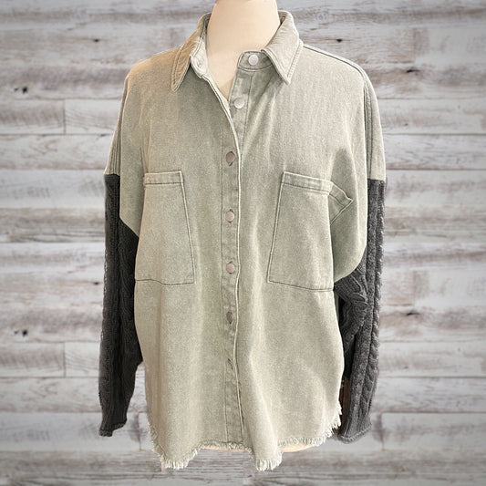 POL Cable Knit Sleeve Denim Jacket in Sage