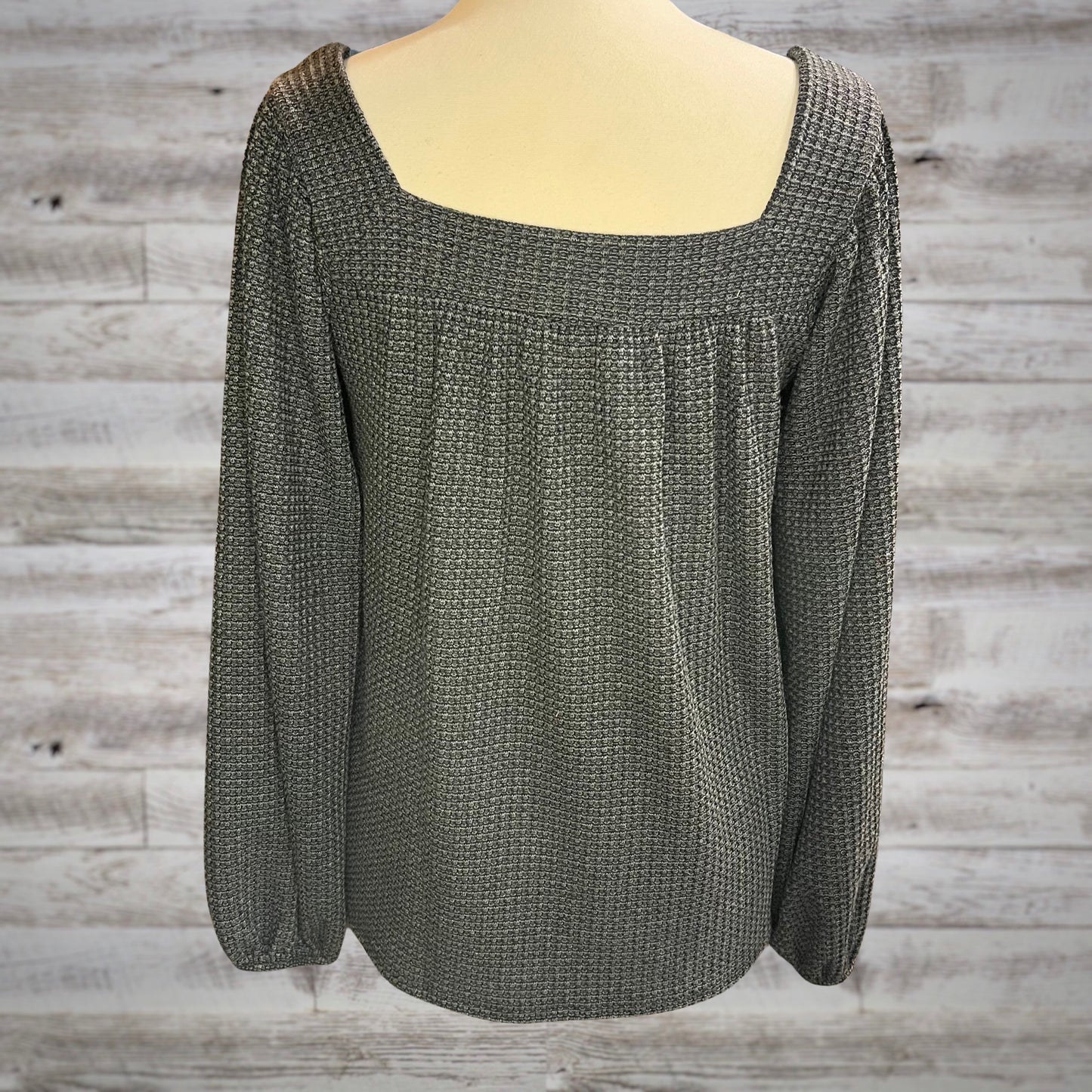 Black Waffle Knit Square Neck Top with Balloon Sleeves