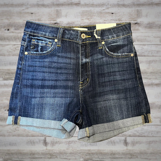 Kancan High Rise Cuffed Dark Wash Jean Shorts