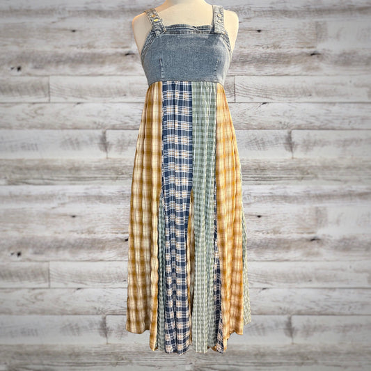 Midwest Girl Patchwork Plaid and Denim Overall Maxi Dress