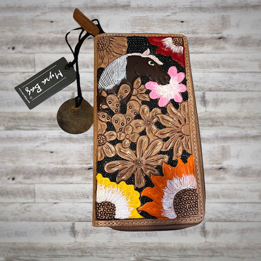 Myra Bag Rainbow Fleur Hand Tooled Leather Zip Around Wallet