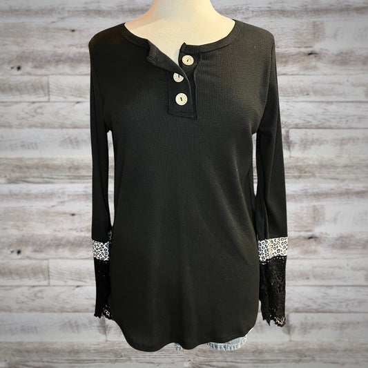 Embellished Cuff Waffle Knit Thermal Tee in Black