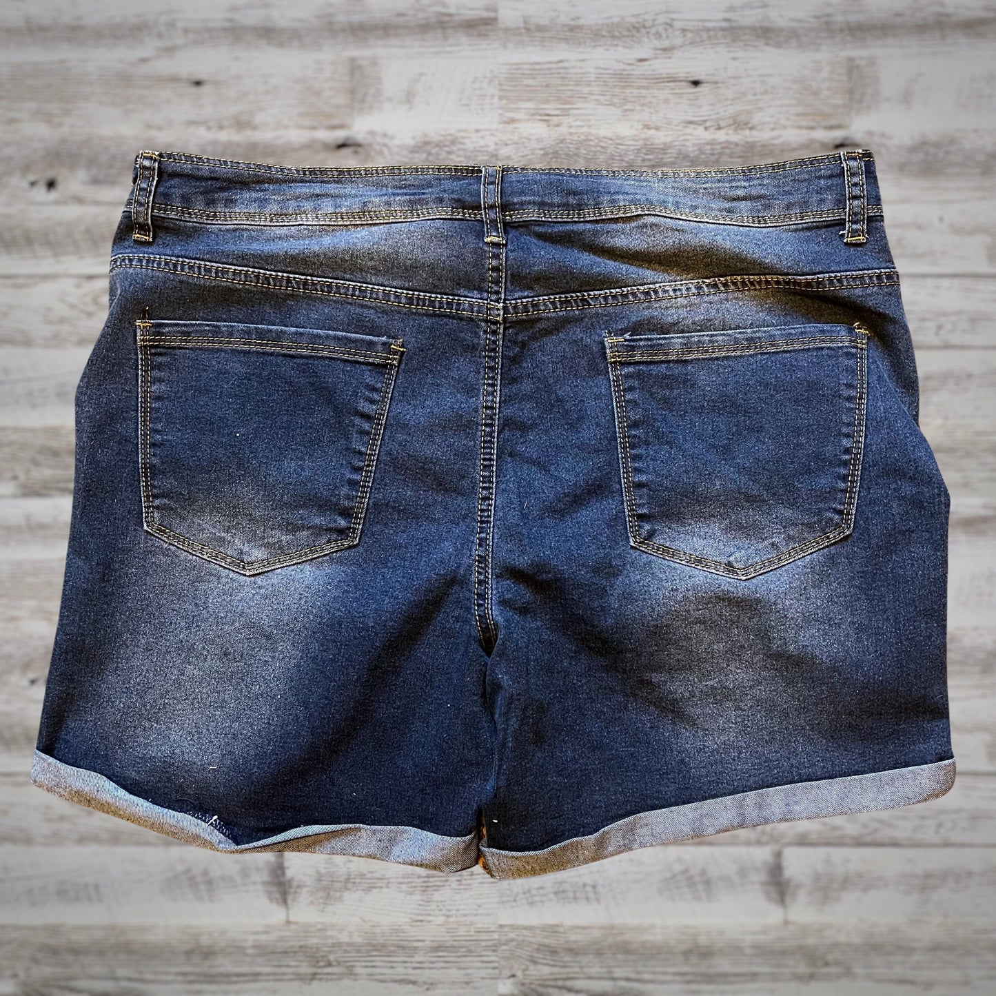 High Rise Distressed Flex Denim Shorts in Dark Wash