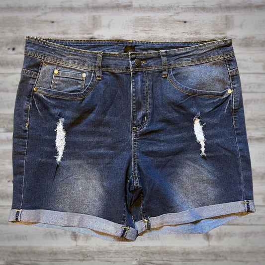 High Rise Distressed Flex Denim Shorts in Dark Wash