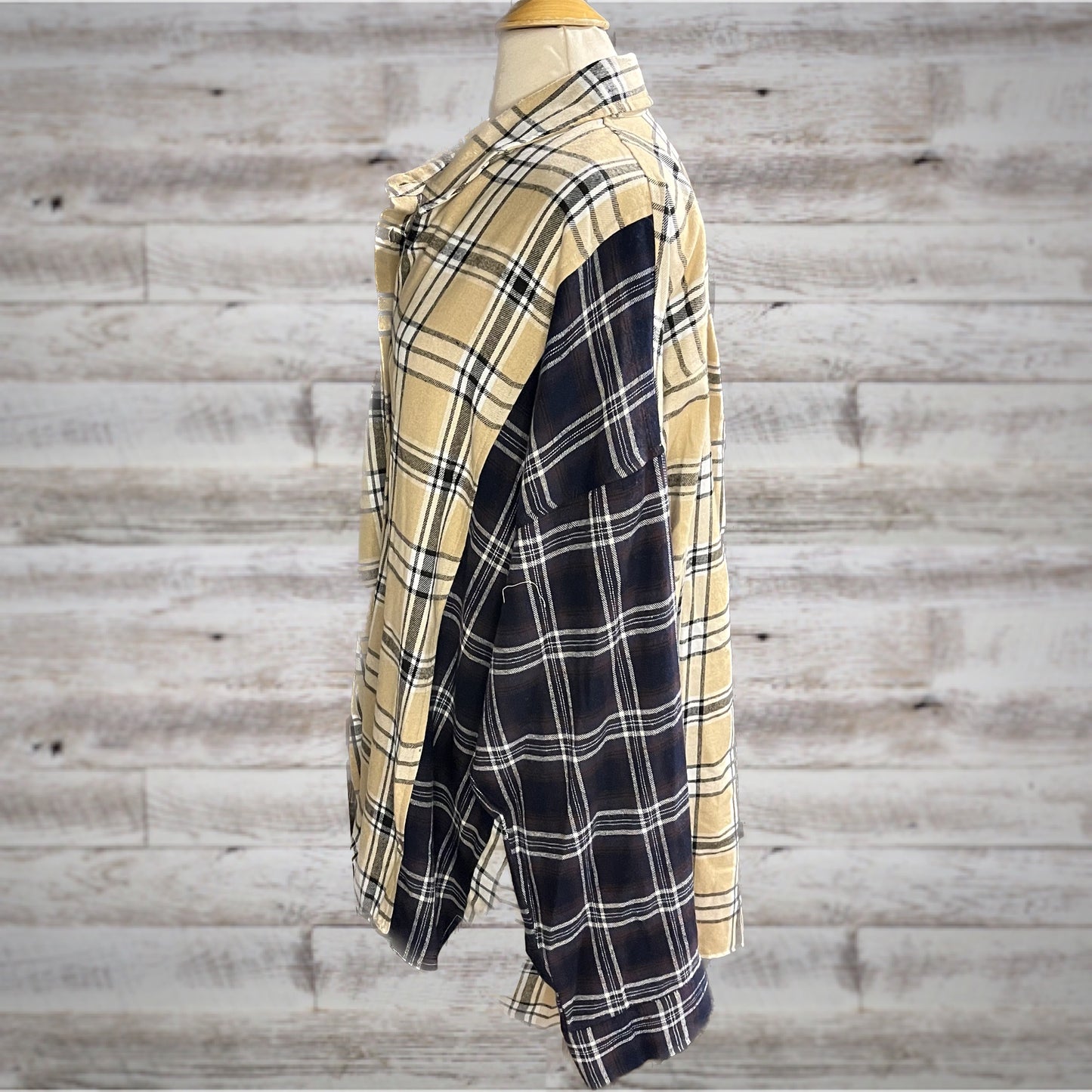 PLUS High Low Colorblock Plaid Flannel Shirt in Neutral Navy/Beige