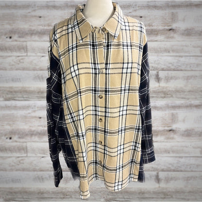 PLUS High Low Colorblock Plaid Flannel Shirt in Neutral Navy/Beige