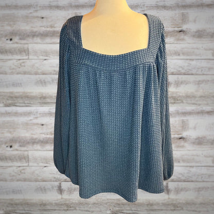 Blue Waffle Knit Square Neck Top with Balloon Sleeves