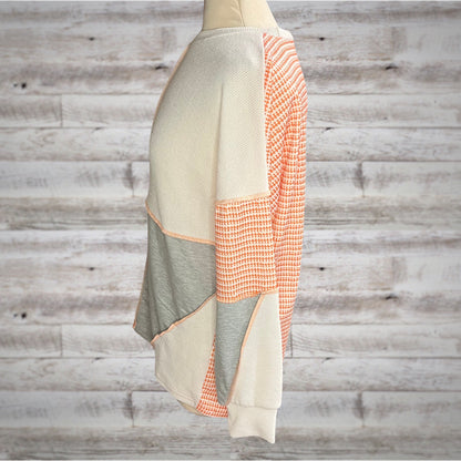 Colorblock Orange & Gray Waffle Knit Pullover