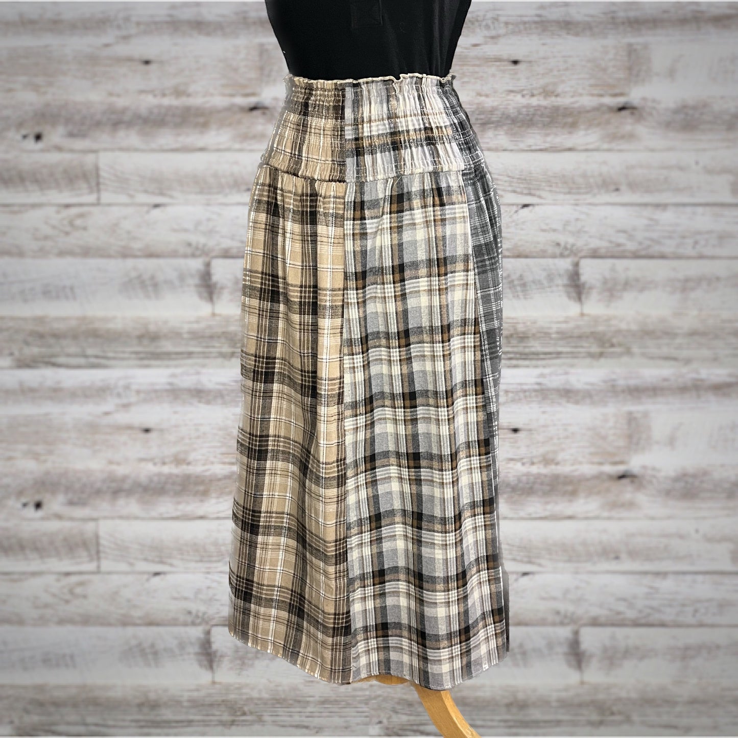 On Trend Split Plaid Flannel Maxi Skirt in Taupe