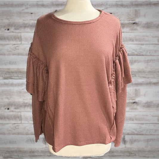 Ruffled Waffle Knit Long Sleeve Top in Mauve