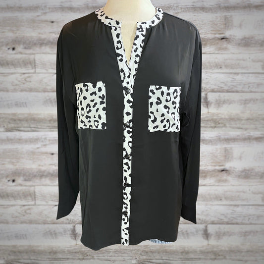 Satin Leopard Trim Button Down Blouse in Black