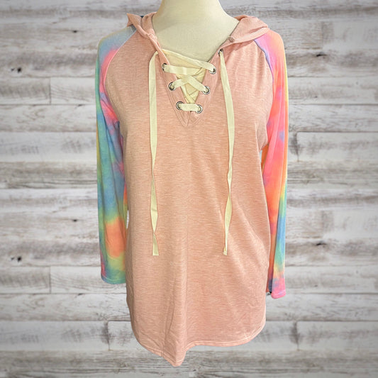 Soft Knit Tie-Dye Lace Up Hoodie in Pink