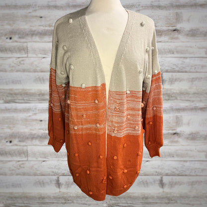 Gradient Pom Pom Lightweight Knit Open Cardigan in Orange/Taupe