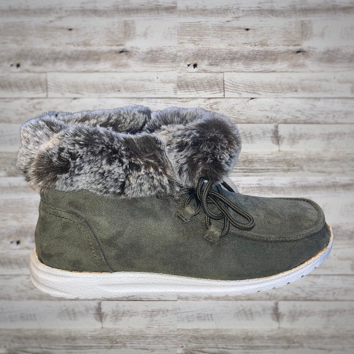 Gypsy Jazz Fur Lined Lace Up Booties in Solid Olive