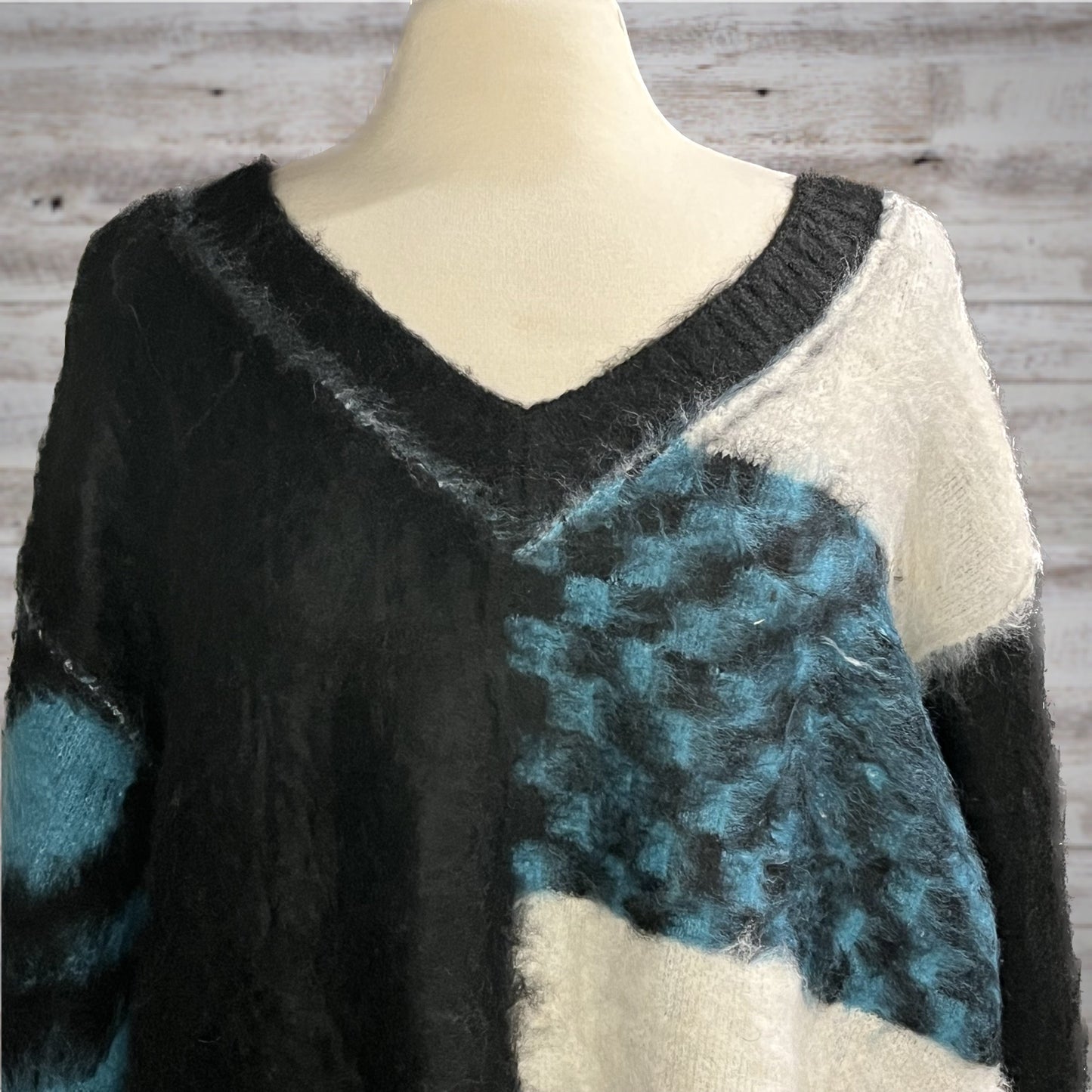 POL All Mixed Up V Neck Oversized Fuzzy Sweater