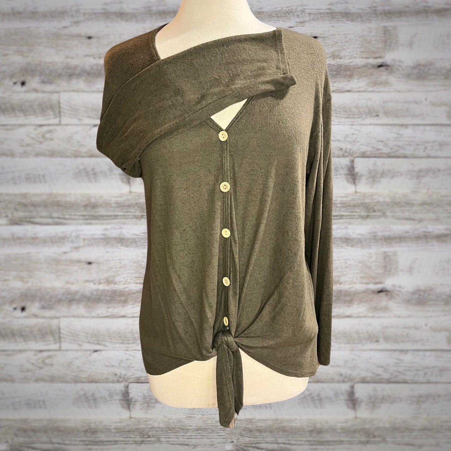 Super Soft Button Down Tied Long Sleeve Top in Olive