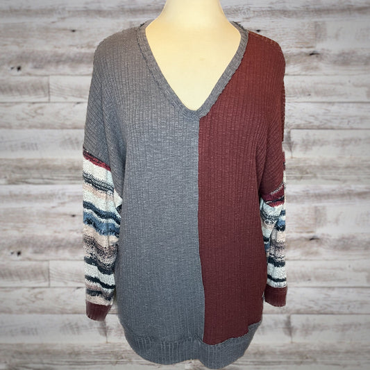 Mixed Stripe Print V Neck Ribbed Knit Top