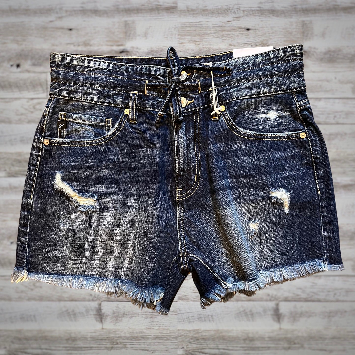 Kancan Drawstring High Rise Jean Shorts in Dark Wash