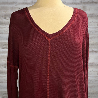 Waffle Knit Long Sleeve Basic Thermal Top in Burgundy